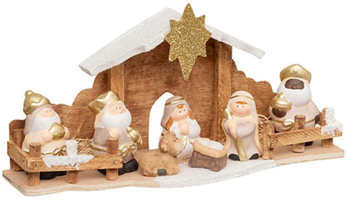 Feeric Christmas Kerststal voor kinderen - met 7 beeldjes - 33 cm - Aardewerk/MDF - kinderkamer stalletje