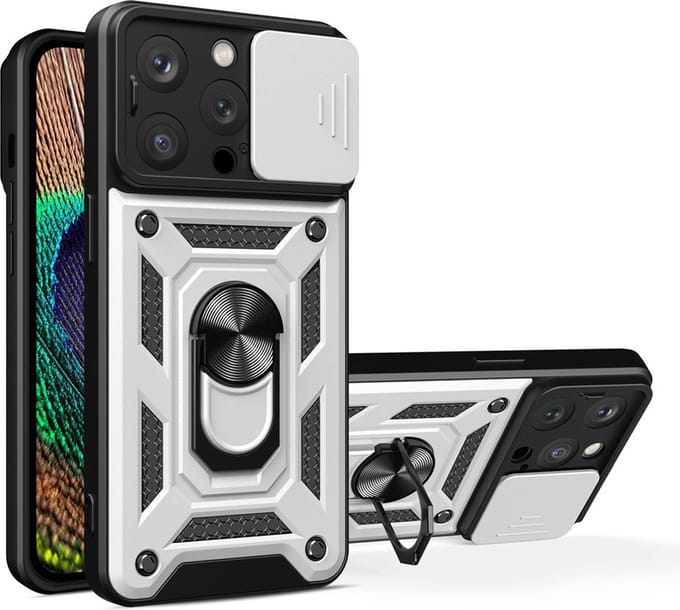 MobyDefend Hoesje - Geschikt voor iPhone 15 Pro - Pantsercase Met Draaibare Ring - Zilvergrijs