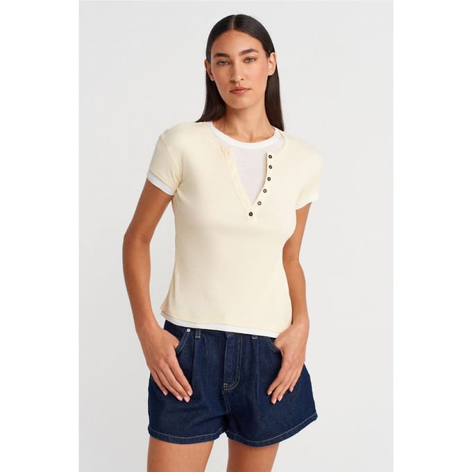 Dames Katoenen V-Hals Knopen T-Shirt