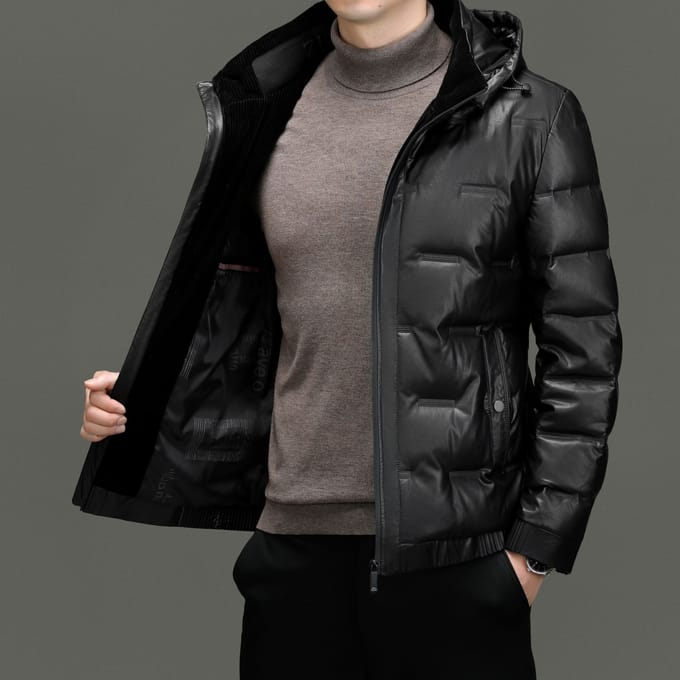 Winter Echtleren Jas, Grote Maat Heren Donsjack met Capuchon, Schapenvachtleren Donsjack, Papa Casual Leren Jas 6XL