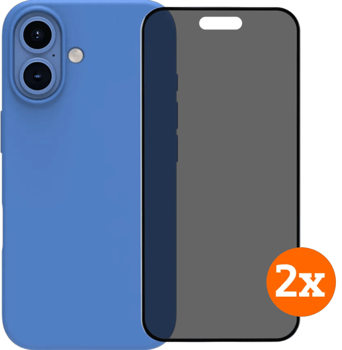 BlueBuilt Back Cover iPhone 16 Blauw + Privacy Filter Screenprotector Glas Duo Pack