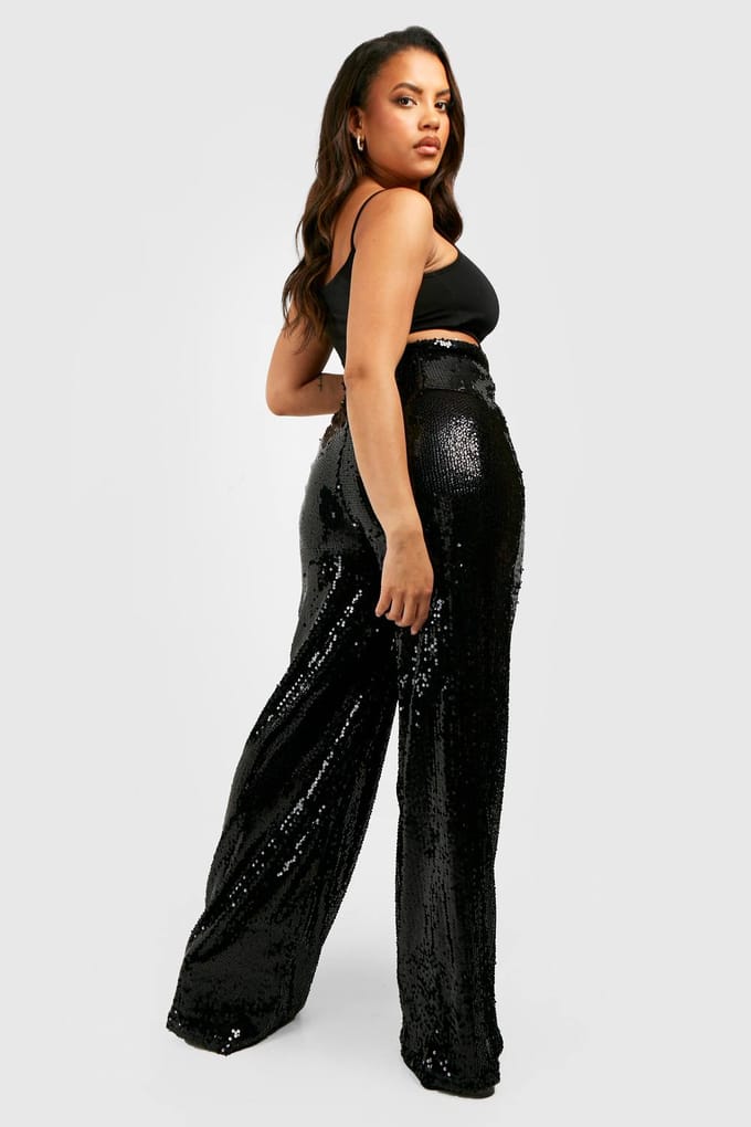 boohoo Dames Plus Sequin Broek met Wijde Pijpen | Black | Maat: 26