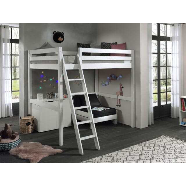LUCEVI - Pino Mezzanine bed 1400x200 cm + Commode 2 deuren + Slaapfauteuil 90x200 cm - Wit