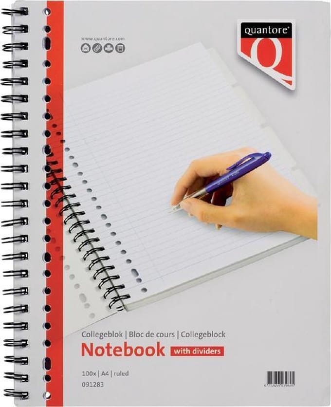 Collegeblok Quantore A4 23-gaats 4 tabs lijn 100vel - set 5 stuks