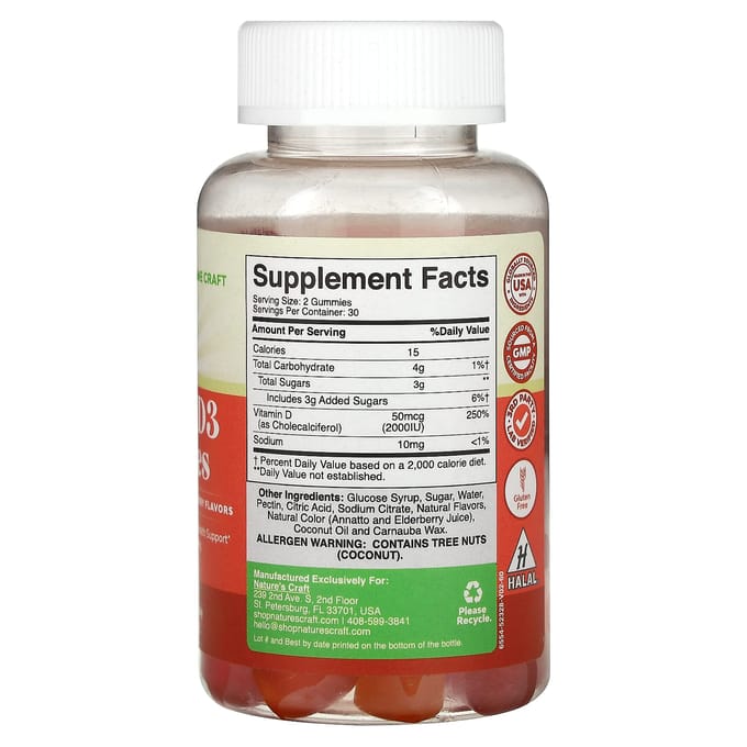 Nature's Craft, Vitamine D3 gummies, perzik, mango, aardbei, 50mcg, 60 gummies, (25mcg per gummy)