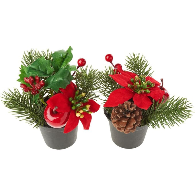 Kerstarrangement met dennenboom in pot, 2 stuks