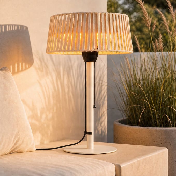 Lucande terrasverwarmer Pyravo, beige, aluminium, 70 cm, IP44