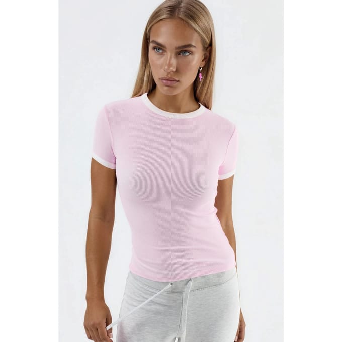 Geribbelde Crew Neck Korte Mouwen T-Shirt