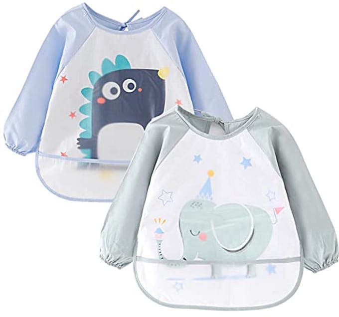 Set van 2 waterdichte babyslabben met lange mouwen - Blauw en Groen