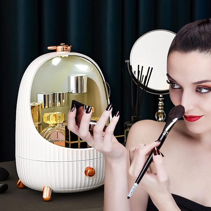 Draagbare Make-up Organizer met LED Licht - Opbergbox voor Cosmetica met Stofdicht Deksel - Wit