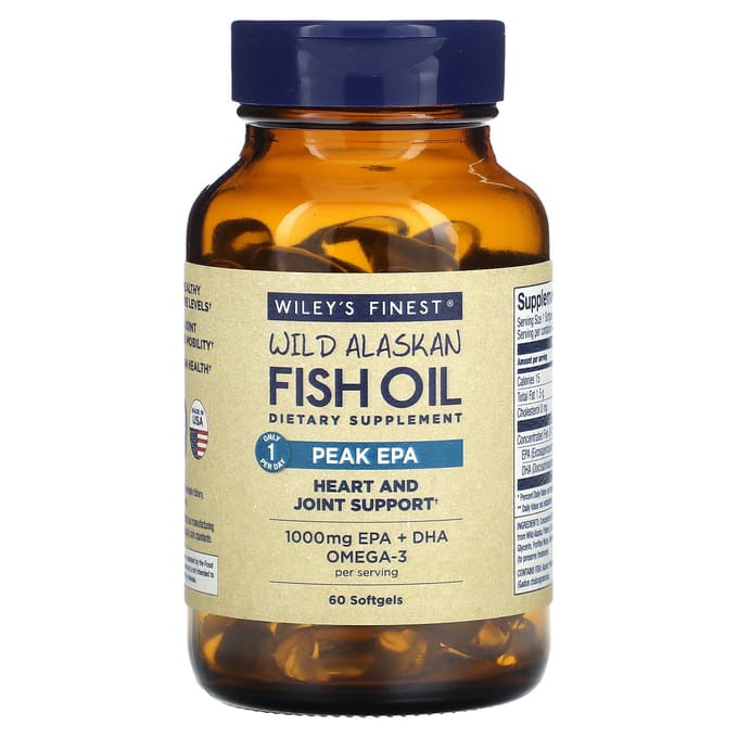 Huile de poisson sauvage d'Alaska, saveur exceptionnelle d'acide eicosapentaénoïque, Wiley's Finest, 60 gélules