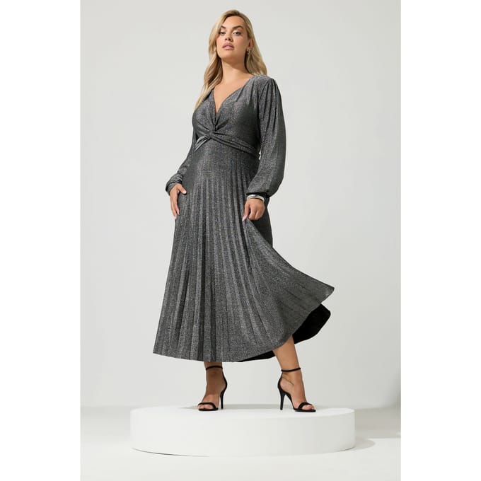 Yours London Zwarte Metallic Geplooide Maxijurk Met Knoop Size 44
