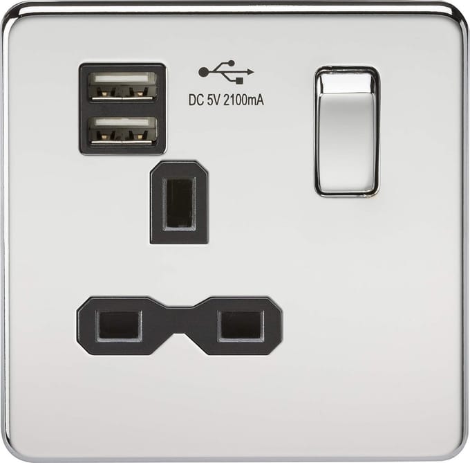 Schroefloos Stopcontact met Dubbele USB Oplader - Gepolijst Chroom Zwart