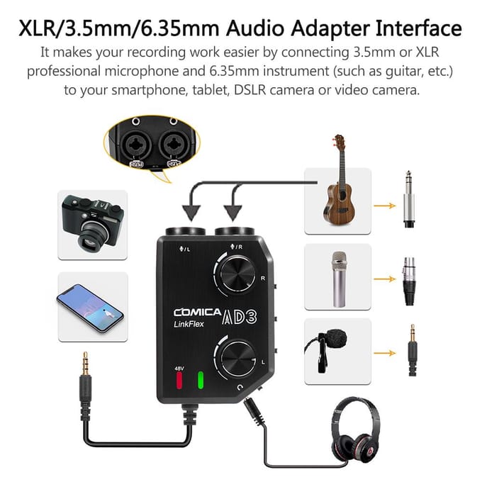 CoMica LINKFLEX AD3 mélangeur/adaptateur/Interface de préampli Audio à deux canaux XLR/3.5mm/6.35mm-3.5mm noir