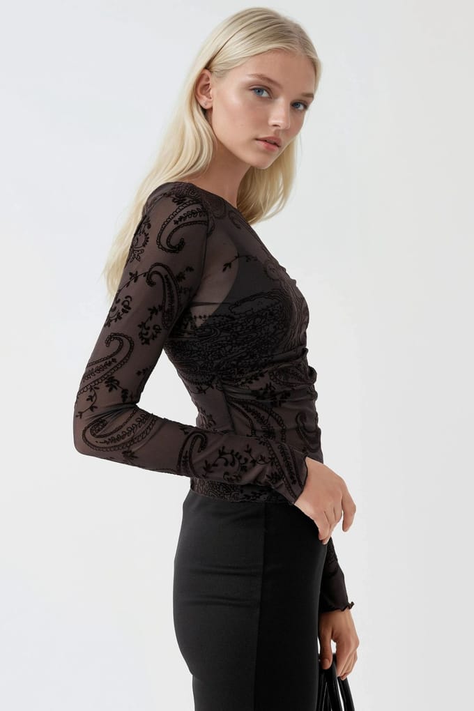 Fitted Lange Mouwen Flock Print Tulle Blouse