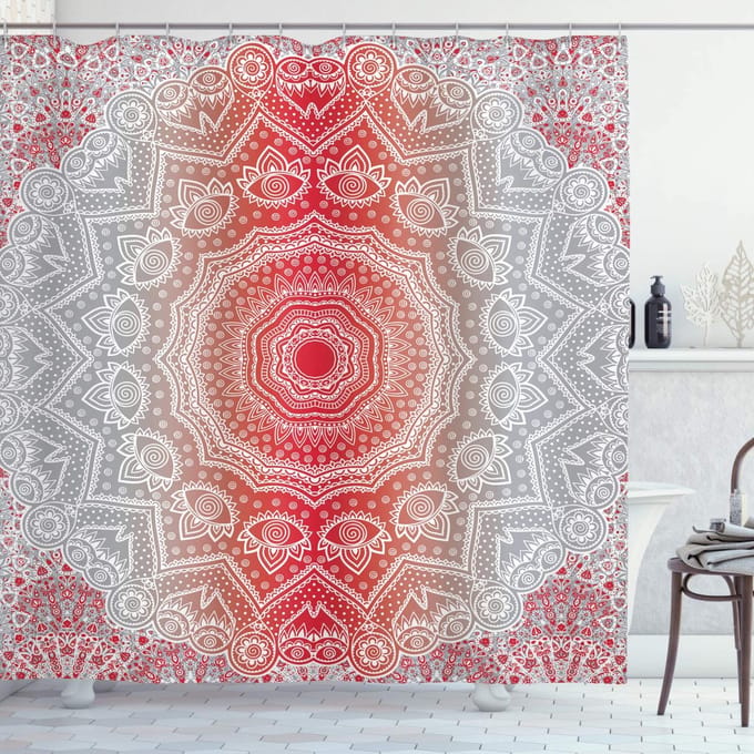 ABAKUHAUS douchegordijn – Boho Mandala – Grijs & Rood, 175x240 cm