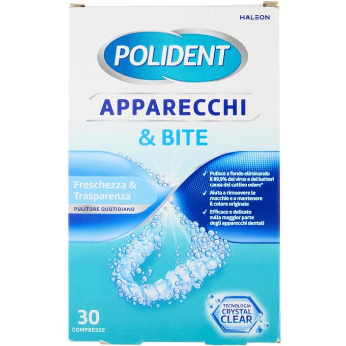 Reinigingstabletten voor beugels & gebitsbeschermers POLIDENT Crystal Clear 30 stuks.