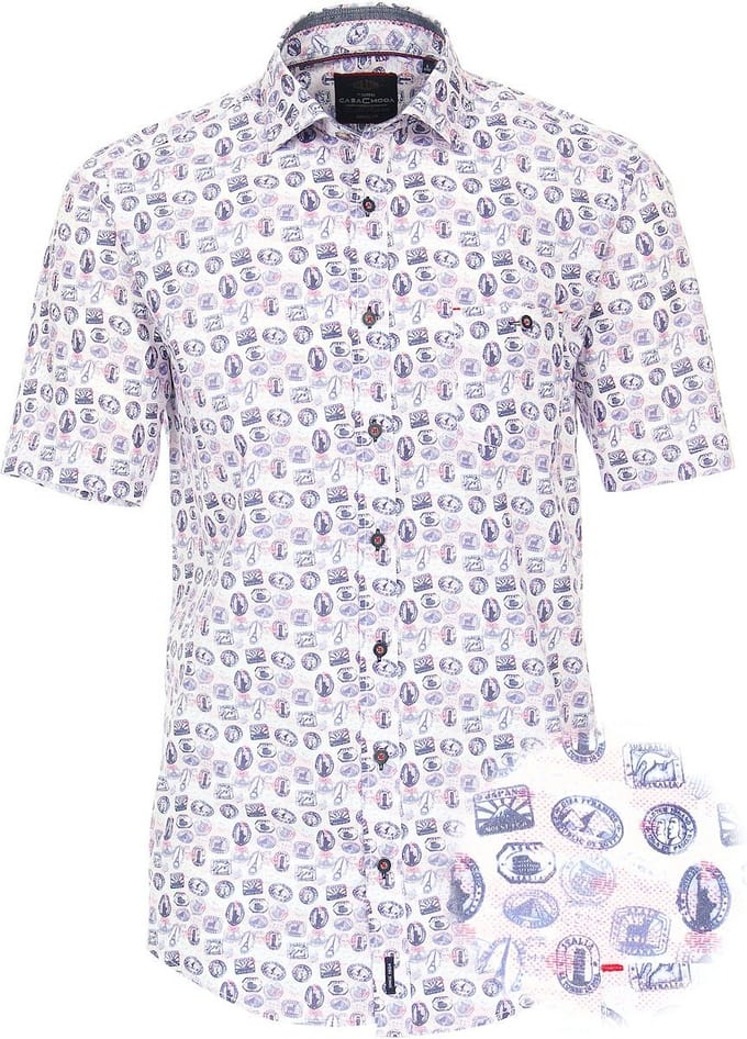 Blauw Overhemd Korte Mouw Postzegel Motief Casa Moda - L