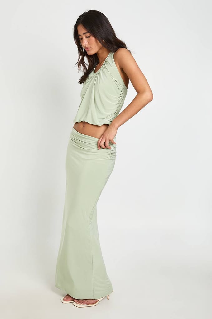 boohoo Dames Maxi Rok Met Gerimpelde Tailleband | Sage | Maat: 16