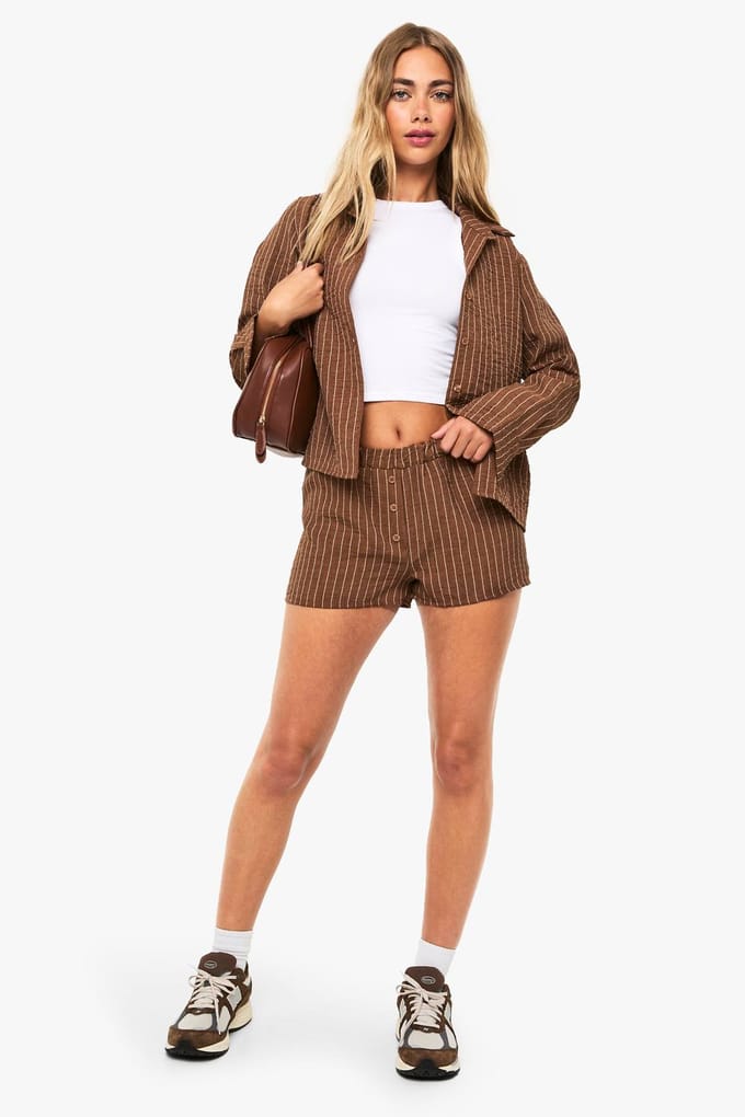 boohoo Dames Gestreept shirt & shortset | Chocolate | Maat: 8
