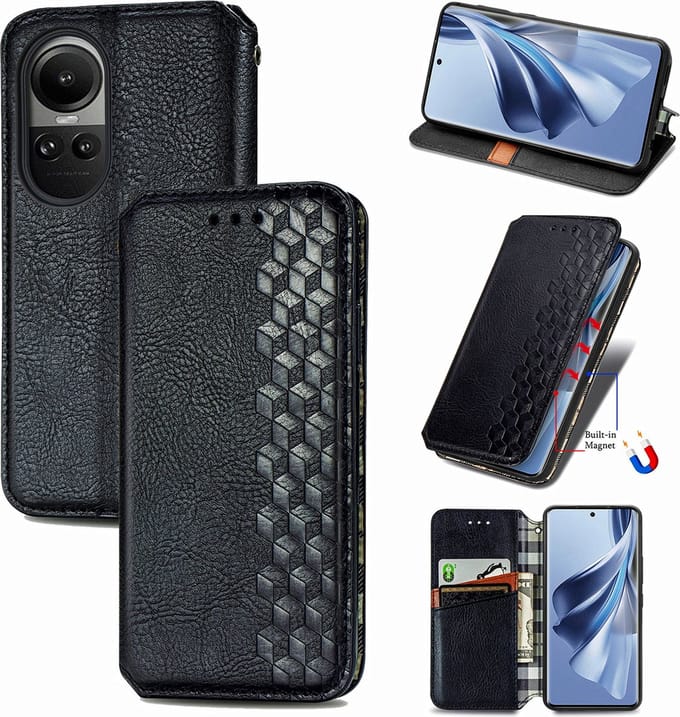 Luxe PU Lederen Ruitpatroon Wallet Case + PMMA Screenprotector voor OPPO Reno 10 Pro _ Zwart