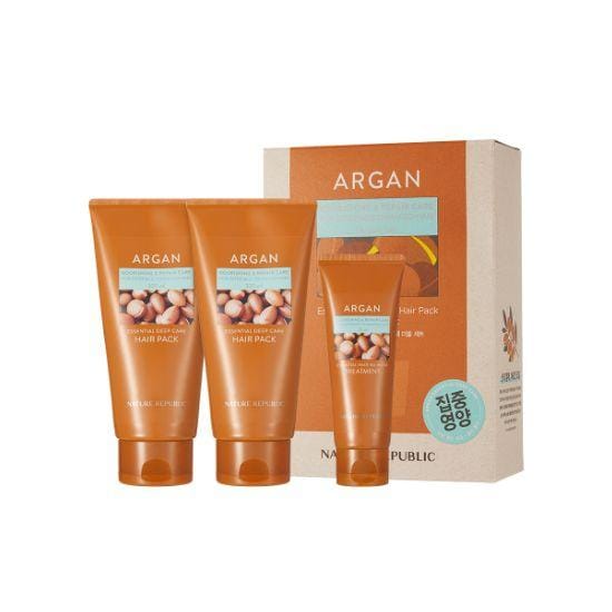 Nature Republic Argan Essential Deep Care Masque Capillaire Double Set (2 Masques Capillaires de 300 ml + 1 Soin de 70 ml) beige