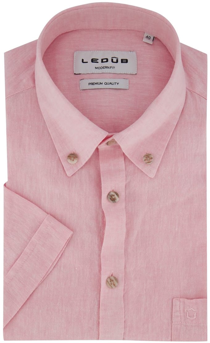 Roze gemêleerd Ledub overhemd korte mouw Modern Fit contrastknopen
