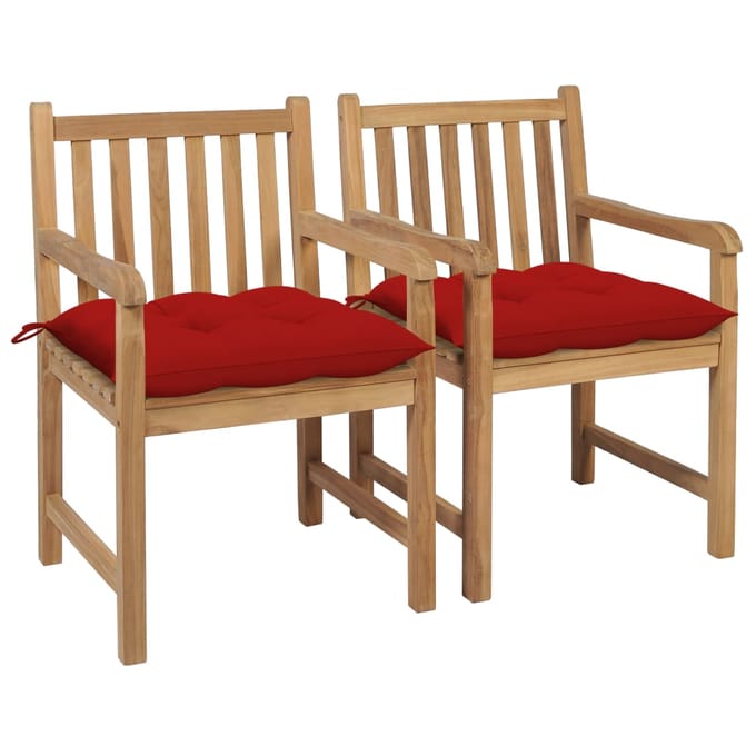 vidaXL - Tuinstoelen - 2 - st - met - rode - kussens - massief - teakhout