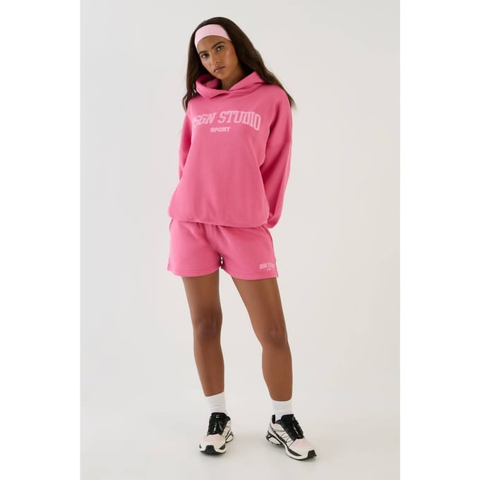 Dames Dsgn Studio Collegiate Trainingspak Met Capuchon En Korte Broek | Candy Pink | Maat: Small