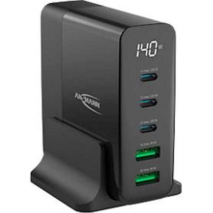 Ansmann Desktop Charger multilader, 140 W, GaN-technologie, voor maximaal 5 apparaten, 2 x USB-A en 3 x USB-C, display, zwart