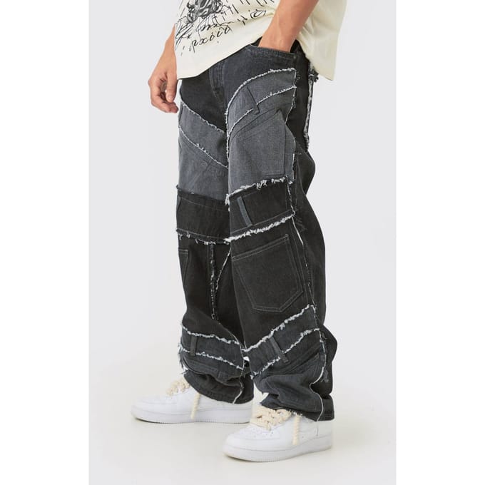 Baggy Rigid Patchwork Tailleband Detail Jeans in Zwart | Washed Black | Size 36R