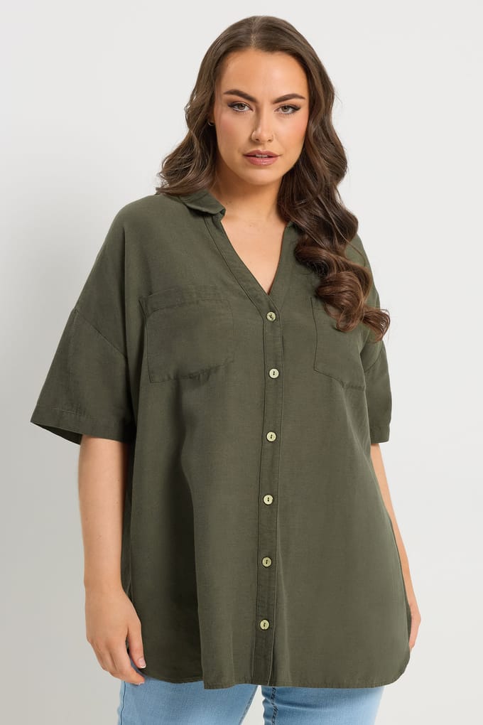 Yours Kakigroene Linnen Blouse Met Korte Mouwen Size 46
