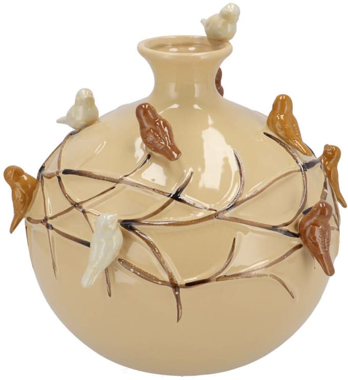 DK Design Vaas Spring birds - zandkleurig - keramiek - D14 x H14 cm - bloemenvaas