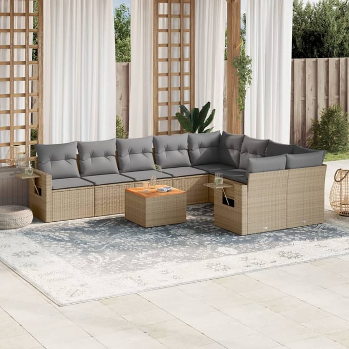 vidaXL - 10-delige - Loungeset - met - kussens - poly - rattan - beige