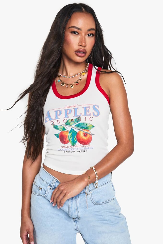boohoo Dames Contrasterende Binding Appels Grafische Rib Tankvest Top | Wit | Maat: 42