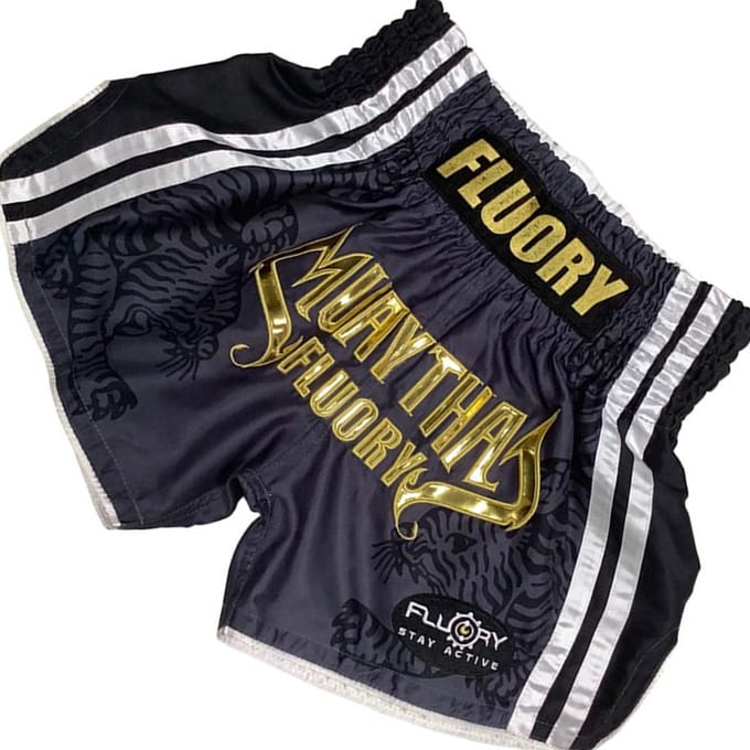 Fluory Sak Yant Tiger Muay Thai Shorts Grijs Goud MTSF98 - M