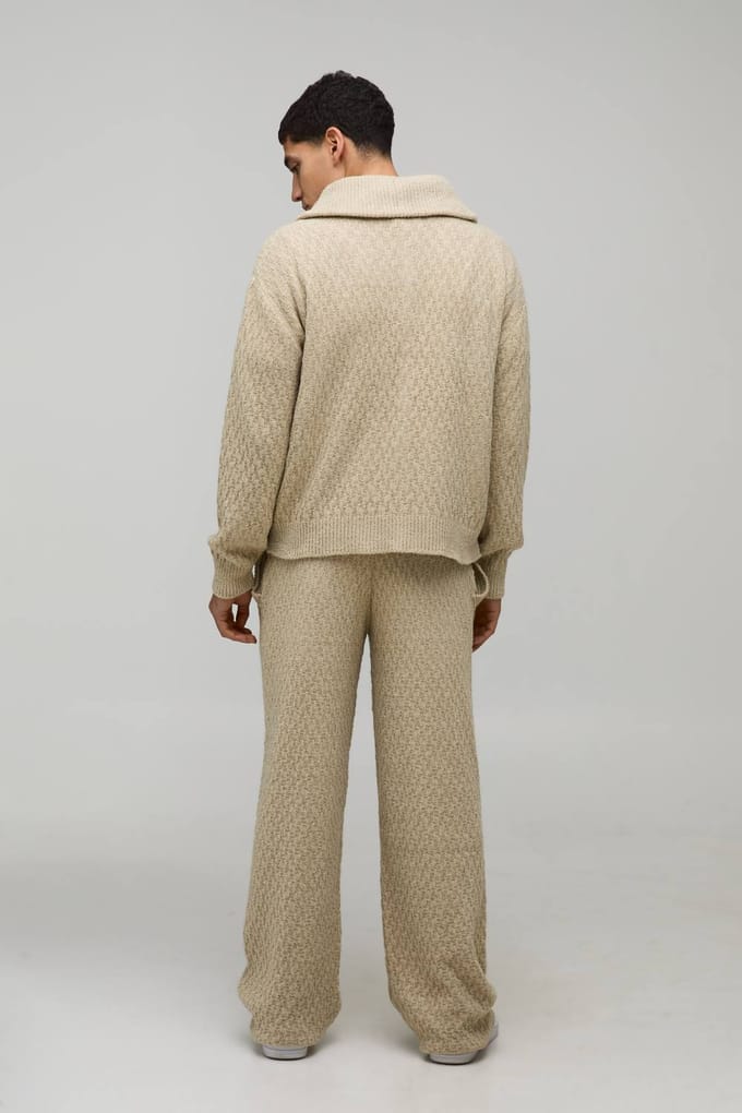 Regular Fit 1/4 Zip Funnel Neck Embroidered Knitted Sweatshirt | Taupe | Size Medium
