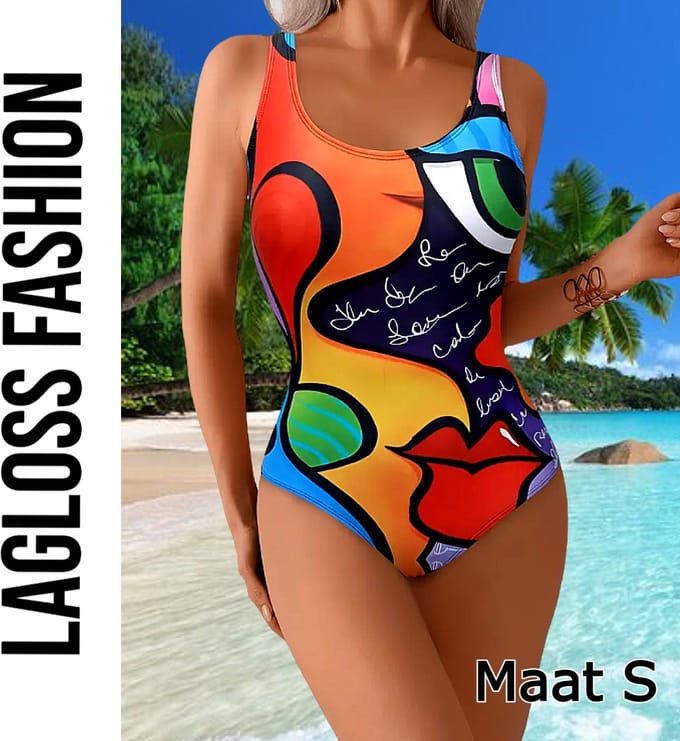 LaGloss® Badpak Multicolor Kunstprint – Trendy Eendelig Damesbadpak met Mode Design – Maat S