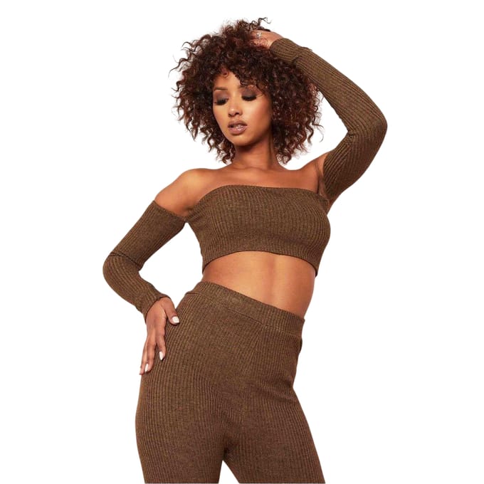 Missy Empire Dames/Dames Ribbed Bardot Crop Top (Chocolade)