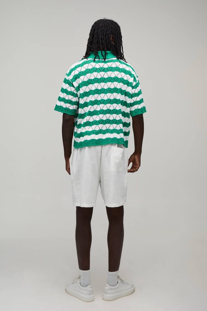 Oversized Boxy Wavy Open Stitch Knitted Polo T-Shirt | Green | Size Small