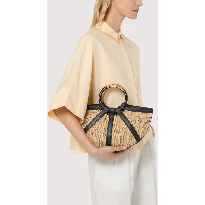 COCCINELLE Leren handtas schoudertas Shell Straw Handbag Natural / Noir beige