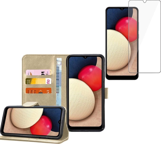 Hoesje geschikt voor Samsung Galaxy A02s - Screenprotector Glas - Book Case Portemonnee Hoesje Goud