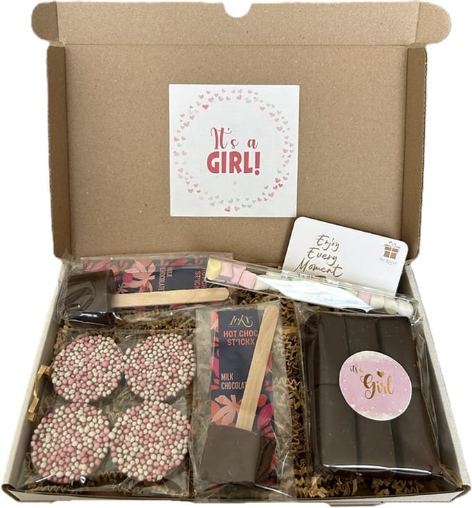Baby It's a girl choco brievenbus cadeau - chocoladestick - chocolade - marshmallows