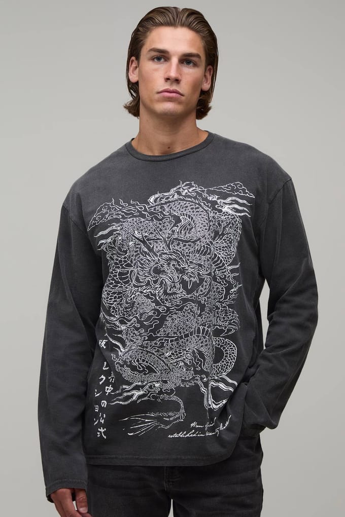Oversized T-shirt Met Lange Mouwen En Drakenprint In Washed Look | Charcoal | Size Large