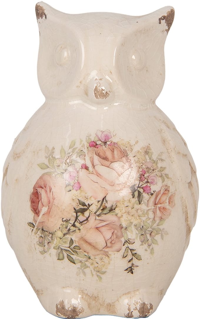Clayre & Eef Decoratie Beeld Uil 11x10x17 cm Beige Roze Keramiek