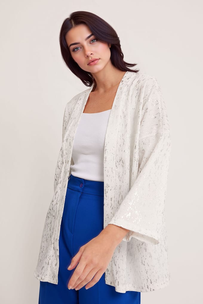 Geprinte Pompom Trim Schouderkraag Kimono