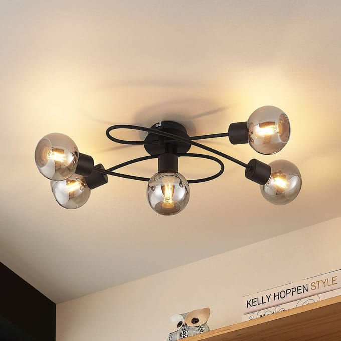 Lindby - plafondlamp - 5lichts - Ijzer, glas - H: 19 cm - E14 - zwart, rook