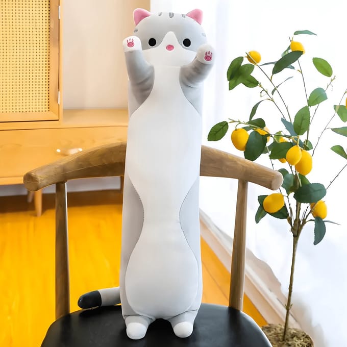 Klikkopers Lange Kat Knuffel - Kawaii Kussen Grijs - 55cm - Tochtstopper