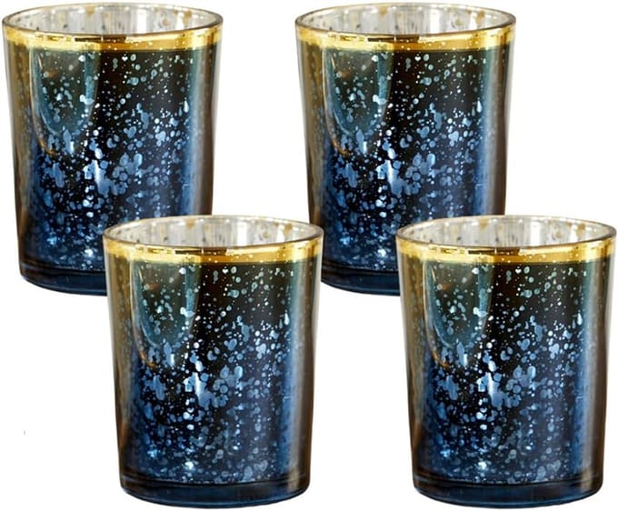 Famanu - Mercury Glas Theelichthouder, Bruiloft/Feestdecoraties (Set van 4), Navy/Goud