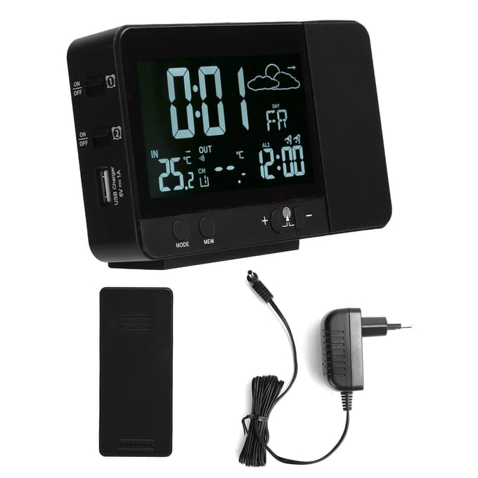 Projectie Wekker Draadloze Binnen Buiten Thermometer Temperatuur Vochtigheidsmeter black
